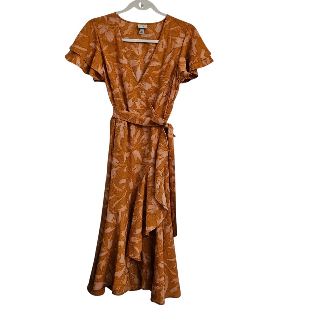 A New‎ Day Wrap Midi Dress XS Orange Ruffle Flutter Sleeves Tie Boho Resortwear